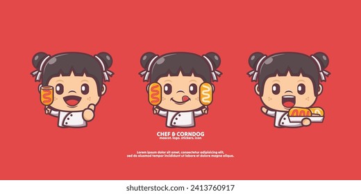 cute chef cartoon with corn dog. food vector illustration with outline style