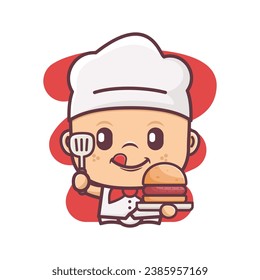 cute chef cartoon  with hamburger. vector illustrations with outline style, suitable for, logo brand, stickers, icons, etc.