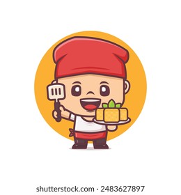 Cute chef cartoon mascot character with tofu dish. vector illustration in outline style