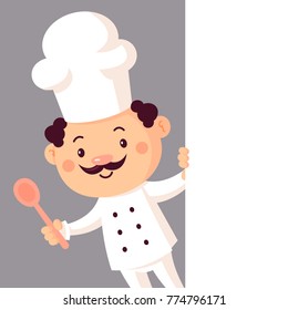 Cute chef cartoon mascot character standing behind blank banner. Vector illustration in vintage mid century retro flat style