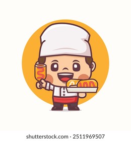 Mascota linda de la historieta del chef con el perro del maíz. Ilustración vectorial en estilo de contorno