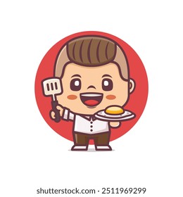 cute chef cartoon mascot with egg. Vector illustration in outline style