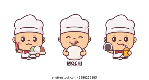 cute chef cartoon mascot with mochi. vector illustrations with outline style, suitable for, logo brand, stickers, icons, etc.