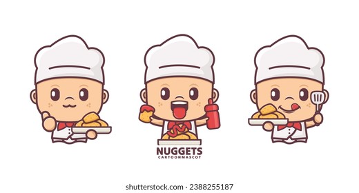cute chef cartoon mascot with nuggets. vector illustrations with outline style, suitable for, logo brand, stickers, icons, etc.