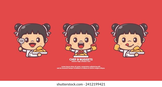 cute chef cartoon with nuggets. vector illustration with outline style