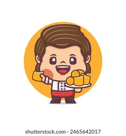 Dibujos animados de chef lindo con rollo de primavera, Ilustración vectorial para la industria culinaria, logotipo de dibujos animados, etiqueta engomada, icono.