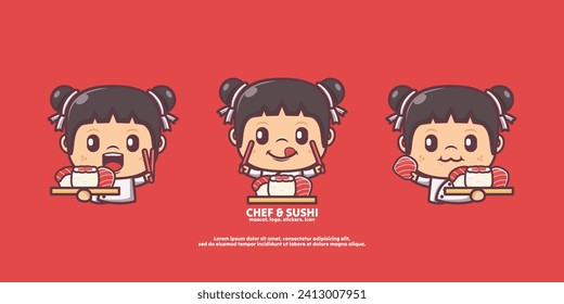 cute chef cartoon with sushi. japanese food vector illustration with outline style