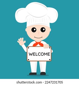 cute chef cartoon vector. face happy Cartoon character flat vector illustration. chef with board welcome.
