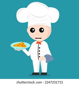 un lindo vector de dibujos animados de chef. Dibujo de vector plano del carácter de dibujos animados felices. chef con piza en la mano