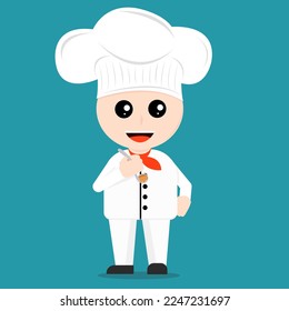 cute chef cartoon vector.  The chef is tasting the soup being cooked. Happy Cartoon character flat vector illustration. 