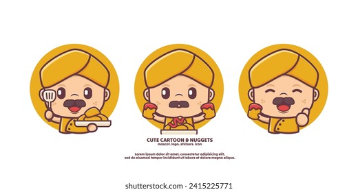 cute chef cartoon in yellow uniform with nuggets. food vector illustration, cartoon mascot, cartoon icon.