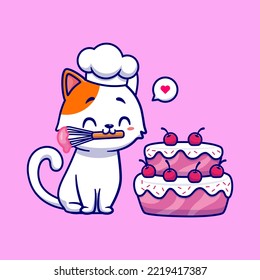 Cute Chef Cat Cooking Birthday Cake Cartoon Vector Icon Illustration. Animal Food Icon Concept Isolated Premium Vector. Flat Cartoon Style