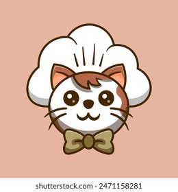 Cute Chef Cat Head With Butterfly Tie Vector Icon Illustration Animal Food Icon Isolated Flat Vector
