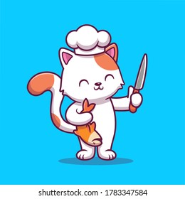 Cute Chef Cat Holding Fish And Knife Cartoon Vector Icon Illustration. Food Animal Food Icon Concept Isolated Premium Vector. Flat Cartoon Style 