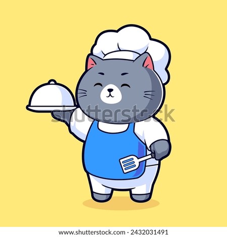 Cute Chef Cat Holding Plate Cartoon Vector Macot Illustration. Flat Cartoon Style Animal Occupation Icon Concept Vector.