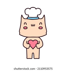 Cute chef cat mascot character holding heart. Illustration for sticker and t shirt.