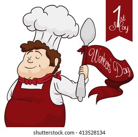 Cute chef celebrating Workers' Day with his big spoon in high with red ribbon around it.