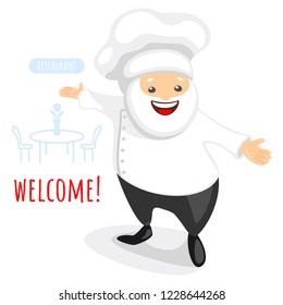 Cute chef character. Cheerful chef inviting guests to visit a restaurant. Vector illustration in cartoon style.