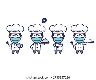 Cute chef character with face mask and chef hat in chibi style vector mascot pose set