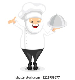 Cute chef character. Funny cook in white hat holding restaurant cloche. Vector illustration in cartoon style.