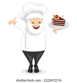 Cute chef character. Funny cook in white hat holding chocolate cake slice with red cherry. Vector illustration in cartoon style.