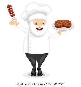 Cute chef character. Funny cook in white hat holding grilled meat skewer and steak on a tray. Vector illustration in cartoon style.