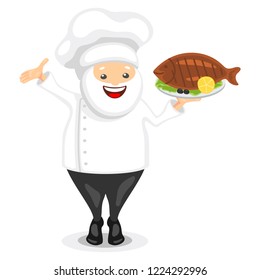 Cute chef character. Funny cook in white hat holding grilled fish on a tray. Vector illustration in cartoon style.