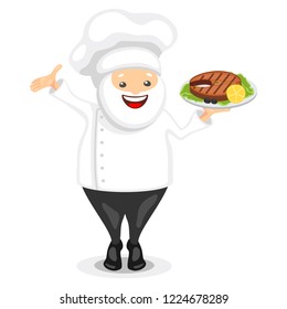 Cute chef character. Funny cook in white hat holding grilled fish steak on a tray. Vector illustration in cartoon style.
