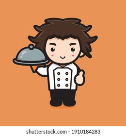Cute chef character holding hot plate cartoon vector icon illustration. Cooking icon concept isolated vector. Flat cartoon style