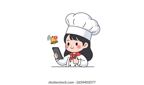 Personagem chef bonito usando smartphone para notificações de entrega de alimentos on-line e pedidos