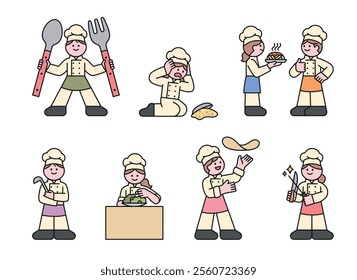 Cute chef characters. The chefs make mistakes, get checked by the chef, check the cooking tools, and make pizza dough. Cuttiny character with outline.