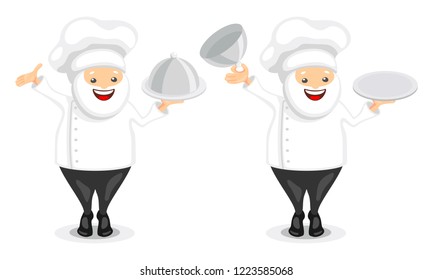 Cute chef characters. Funny cooks in white hat holding close and open restaurant cloches. Vector illustration in cartoon style.