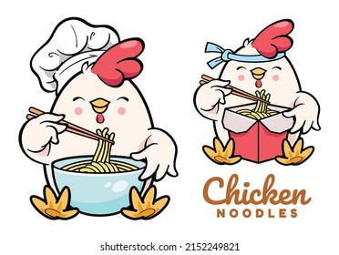 Cute Chef Chicken Eating Noodles