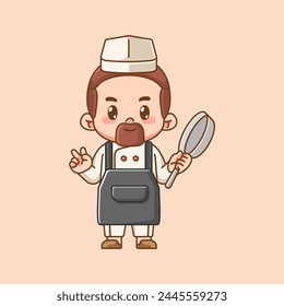 Cute chef cook hold pan food kawaii chibi character mascot illustration outline style design set