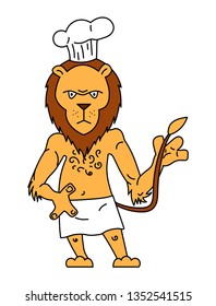 Cute chef cook lion holding his tail. Hand drawn vector illustration.