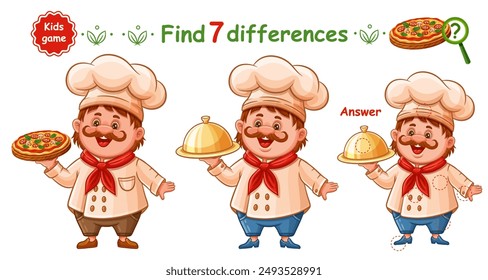 Cute chef cook man, cooking master hold pizza food tray, find 7 difference education children puzzle game. Restaurant waiter, baker character in cookery hat. Compare picture. Kid learning task vector