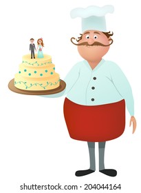 Cute chef cook with mustache with a beautiful wedding cake on the plate. Character design vector illustration isolated on a white background