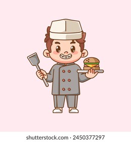 Cute chef cook serve burger food kawaii chibi character mascot illustration outline style design set