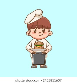 Cute chef cocinero servir hamburguesa kawaii chibi personaje mascota ilustración esquema estilo diseño conjunto