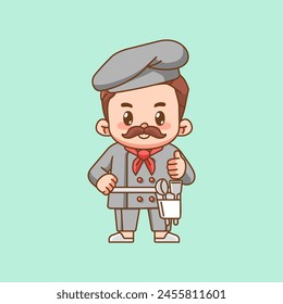 Cute chef cook thumbs up kawaii chibi character mascot illustration outline style design set