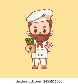Cute chef cook vegetable shopping food kawaii chibi character mascot illustration outline style design set
