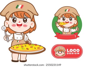 Personagem de cozinha de chef bonito com design de desenho animado logotipo pizza. Prêmio de ilustração vetorial desenhado à mão.