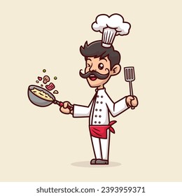 Cute Chef Cooking Food With Spatula And Pan Cartoon 
Vector Icon Illustration. People Food Icon Concept Isolated
Premium Vector. Flat Cartoon Style
