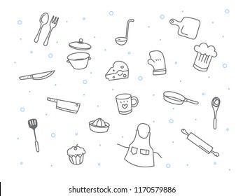 Cute Chef And Cooking Kitchen Equipment Doodle Vector Set.