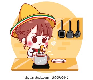 Cute chef cooking in kitchen at home in Mexico cartoon character illustration Premium Vector