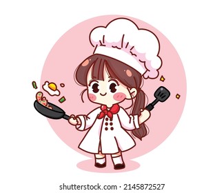 Cute chef cooking restaurant logo cartoon character art illustration