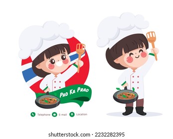 Cute chef cooking thai food character with Pad Ka Prao best quality. Hand drawn cartoon vector illustration.