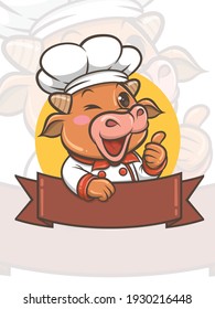 cute chef cow cartoon character - mascot and illustration