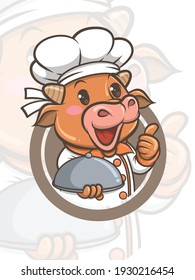 cute chef cow cartoon character - mascot and illustration