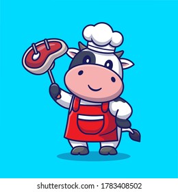 Cute Chef Cow Grill Meat Cartoon Vector Icon Illustration. Animal Food Icon Concept Isolated Premium Vector. Flat Cartoon Style 